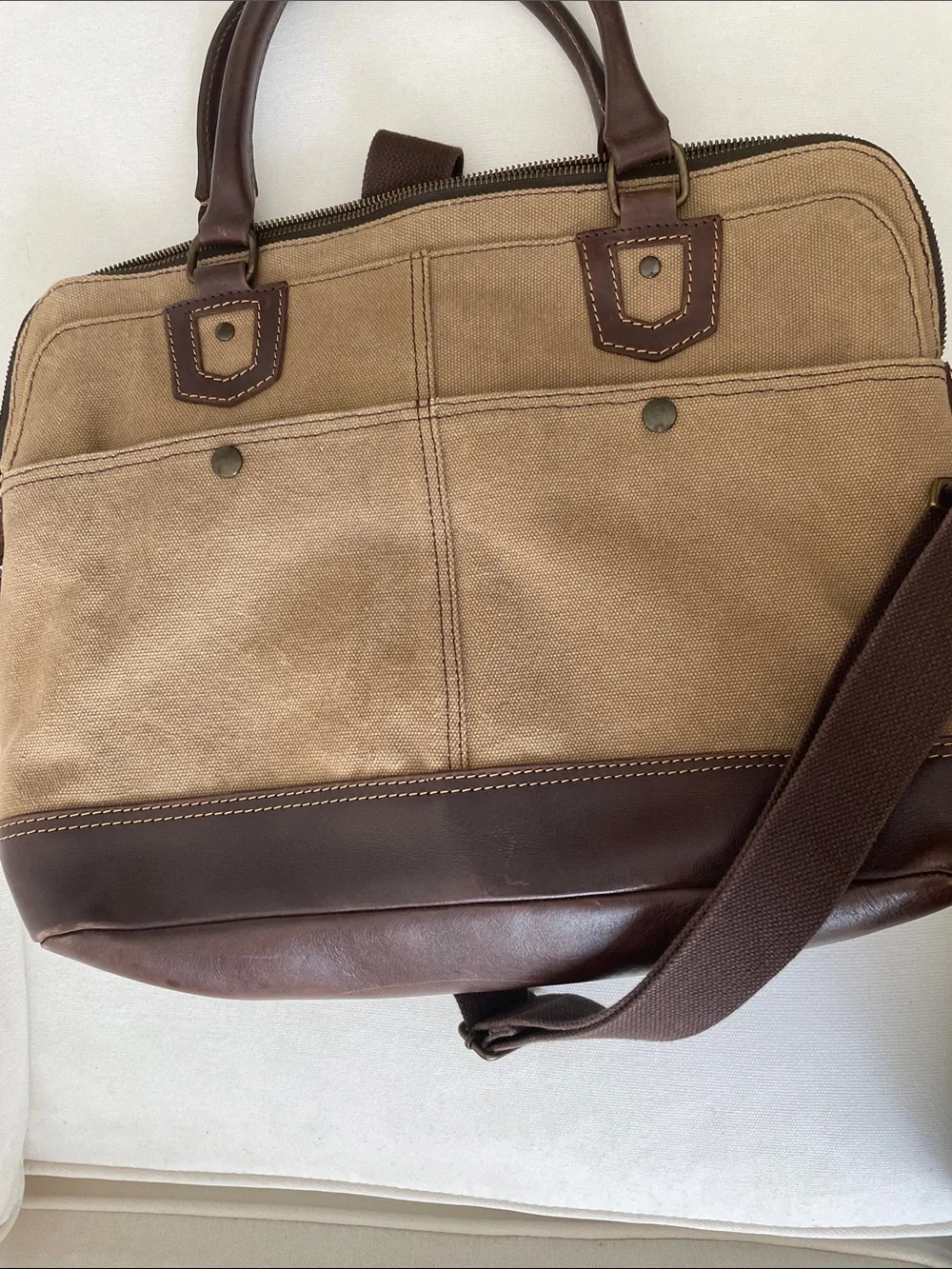 Geox Tan Canvas and Brown Leather Laptop Messenger Bag